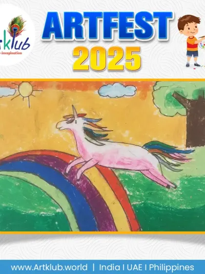 A magical unicorn leaps over a rainbow in this enchanting piece by a junior artist. The vibrant colours and fantasy theme showcase a wonderful imagination.