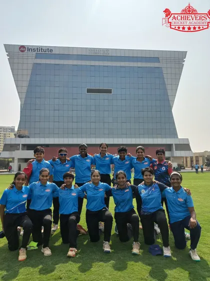 The Achievers Girls' team posing proudly at the Jio Institute in Ulwe during the AT Cup Tournament.