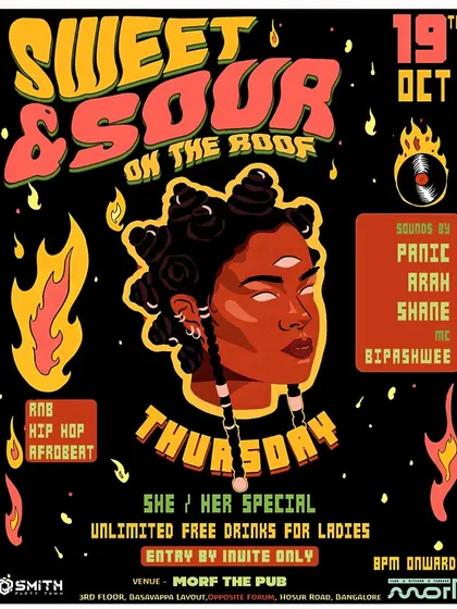 Another one of our unique flyers for the "Sweet & Sour" Thursday nights. The artwork reflects the creative and independent spirit of the party.