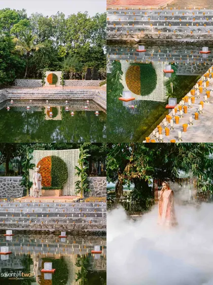 A collage showcasing the unique 'kund' wedding venue, from the serene water body to the dramatic smoke-filled bridal entry.
