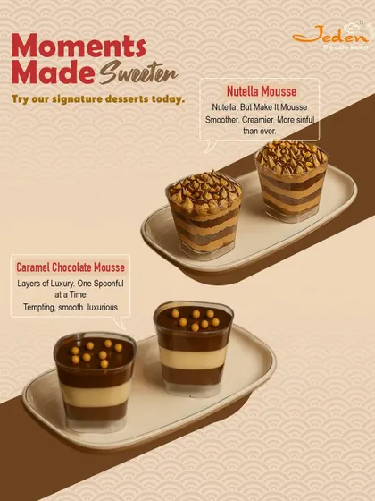 Our signature mousse cups are designed for moments of pure indulgence. This image showcases our rich Nutella Mousse and our luxurious Caramel Chocolate Mousse, both layered to perfection.