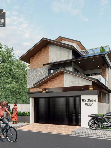 This perspective of the regional-style home highlights the multiple sloped roofs and the interplay of brick, stone, and concrete textures, creating a visually rich facade.
