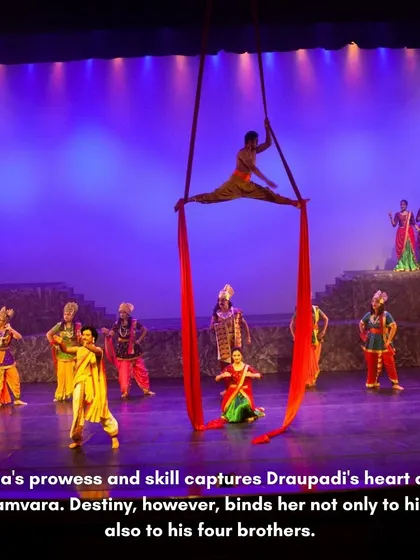 This moment from our production 'Krishnaa - Fire to Frost' captures the blend of classical grace and modern theatricality that defines my work. We use elements like aerial silk to create breathtaking visuals and bring epic stories to life in a way you have never seen before.