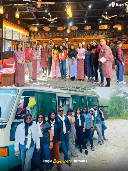 Two moments from our Bhutan trip: the group ready to explore in traditional attire and another shot of the squad by our travel bus. It's a journey of culture, friendship, and adventure.