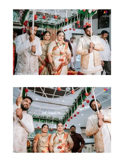 A collage showing the bride's grand entrance under a phoolon ki chadar. This traditional moment is captured with a sense of grandeur and anticipation.