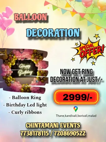 Our May 2025 advertisement shows the ₹2,999 balloon ring offer with birthday lighting and curly ribbons across named Mumbai areas.