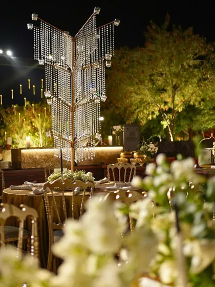 A crystal tree chandelier serves as a unique centerpiece for a guest table, tying the whole decor together.