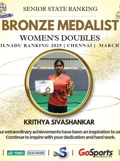 Krithya Sivashankar winning a Bronze medal in Women's Doubles at the Tamil Nadu Senior State Ranking in Chennai.