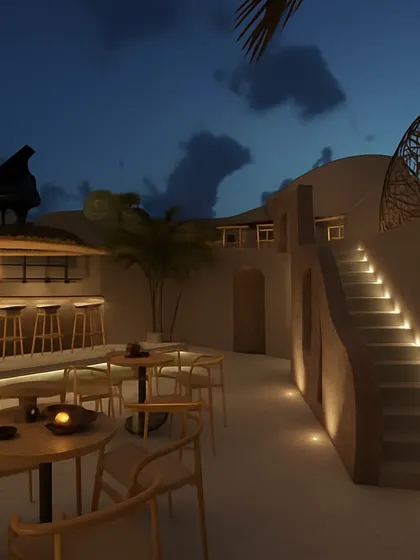 Another perspective of the 6th Empirica concept, showing the multi-level layout with an illuminated staircase leading to another area, adding depth and intrigue to the rooftop design.