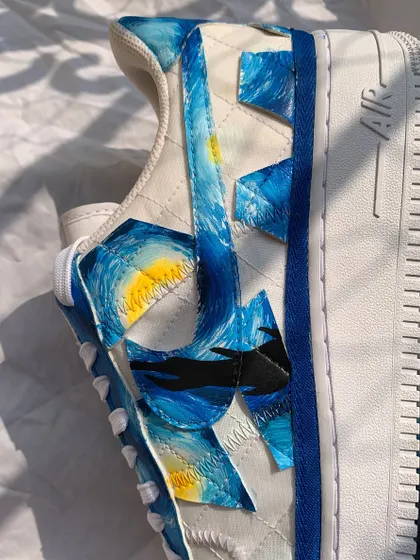 A detail shot of the "Starry Night" swoosh. I love how the patchwork design of the Billie Eilish edition AF1s breaks up the painting into interesting geometric shapes.