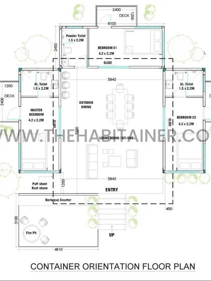 A detailed floor plan for a 3BHK container home. The design features a central outdoor dining area, a master bedroom, two additional bedrooms with attached toilets, and a barbecue counter with a fire pit.