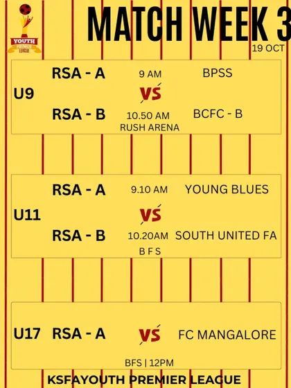 Match week 3 fixtures for our U9, U11, and U17 teams in the KSFA YPL.