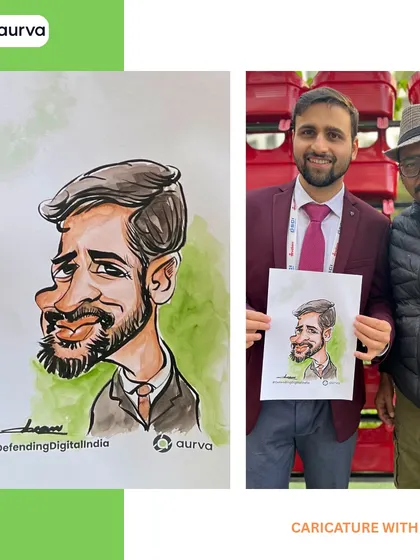 Here I am with a guest at the Aurva digital defense booth. Caricatures are an excellent way to attract attention and create a memorable, interactive experience at trade shows.