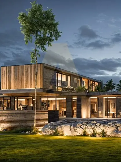 The Aravalli farmhouse at dusk, where landscape lighting highlights the minimal architecture and natural materials. The design creates a warm, inviting glow, emphasizing the poetry of open space and the home's connection to its surroundings.
