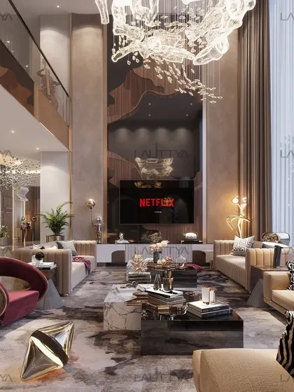Welcome to the epitome of modern luxury. This living room uses a double-height ceiling to create grandeur, while warm wood paneling and plush velvet accents add layers of texture and refinement. The space is a perfect blend of comfort and opulence.