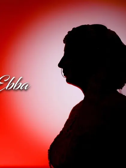 A creative silhouette portrait of the bride, Ebba, against a red background.