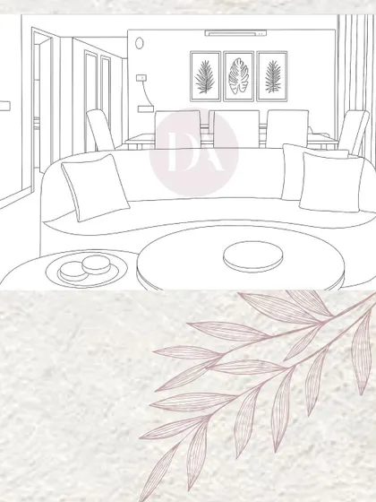 The initial line drawing for the living room in the previous image. This sketch outlines the furniture placement and overall composition, setting the stage for the final design.