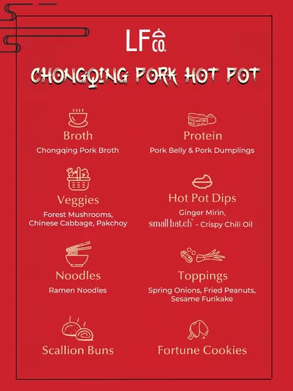 This menu card details everything included in the Chongqing Pork Hot Pot kit. It lists the broth, protein, veggies, noodles, dips, and even the fortune cookies, giving you a clear overview of the meal.