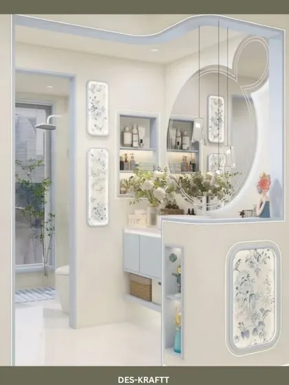 This overview shot displays the clever layout of the compact bathroom, where every element, from the shower to the vanity, is thoughtfully placed.