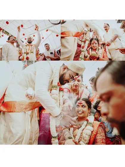A collage of key wedding rituals, showing the tying of the sacred thread and the blessings from family, capturing the heart of the ceremony.