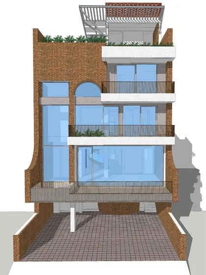 A 3D render of the final vision for the Waterfall house. This shows the intended finish of the exposed brick, the large glass panels, and the rooftop structure, providing a clear picture of the completed project.