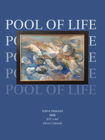 An impressionist-style oil on canvas titled "Pool of Life" by Surya Prakash, from 1996. The artwork captures the play of light on water and natural forms, blending nature and abstraction with serene colors.