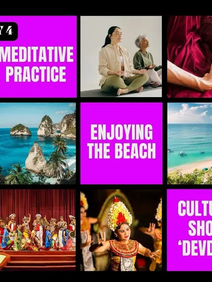 Day 4 of our Bali retreat is about Cultural Immersion. We will deepen our meditative practice, enjoy time at the beach, and experience a traditional Balinese 'Devdan' cultural show.