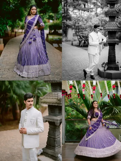 A collage showcasing individual portraits of the bride and groom from their engagement day.