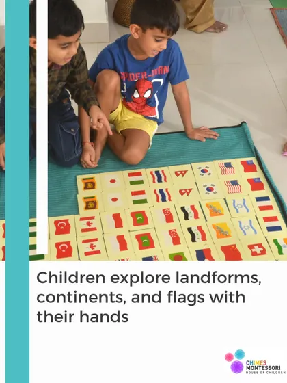 Children explore landforms, continents, and flags with their hands, making geography a tactile and engaging subject.