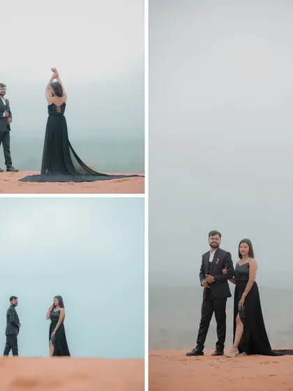 A series of minimalist and dramatic portraits on our desert sand set, where the moody sky and simple background put all the focus on the couple's connection.