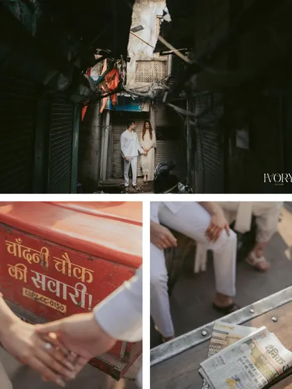 This collage captures the authentic atmosphere of Old Delhi. It combines a wide shot of the couple in a narrow lane with detail shots of a cycle rickshaw and them holding hands, telling a story of love amidst the city's heritage.