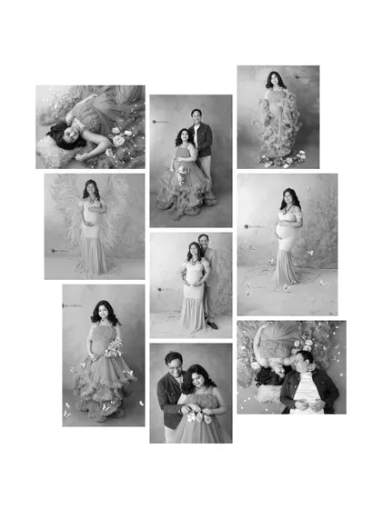 A collage showcasing the variety of poses and emotions captured during a single maternity session, from solo portraits to intimate couple shots.