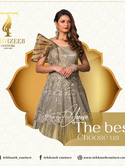 This golden-beige gown is pure elegance. The fitted bodice is covered in intricate embroidery, and the flowing skirt makes it look like a dream. It's a perfect choice for a reception or engagement.
