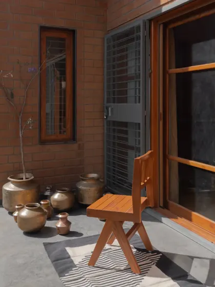 A traditional 'ಜಗಲಿ' (jagali) sit-out area, perfect for enjoying the morning sun. The space is decorated with brass vessels, adding to the vernacular charm.
