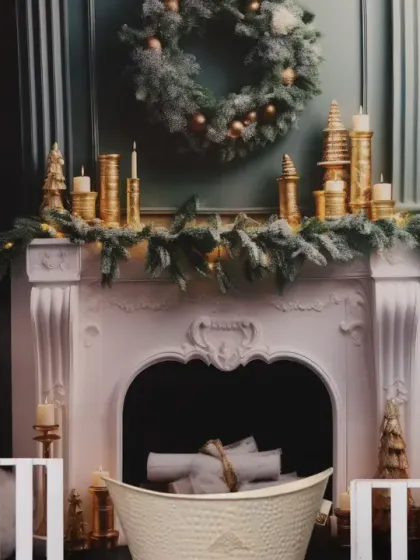 A festive Christmas theme setup with a decorated fireplace, miniature Christmas trees, and cute bunny props.