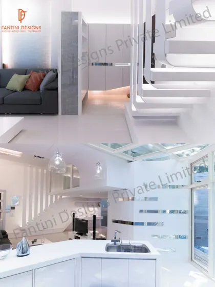 This collage shows different views of a bright, modern, and minimalist living space. The design uses a white-on-white color scheme, clean lines, and an open-plan layout to create a feeling of airiness and sophistication.