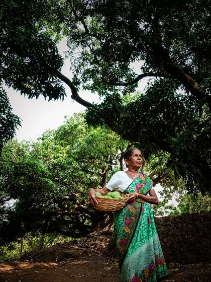 A portrait of an elderly woman from the village, holding a basket of mangoes. Her dignified presence adds a layer of history and authenticity to the brand's story.