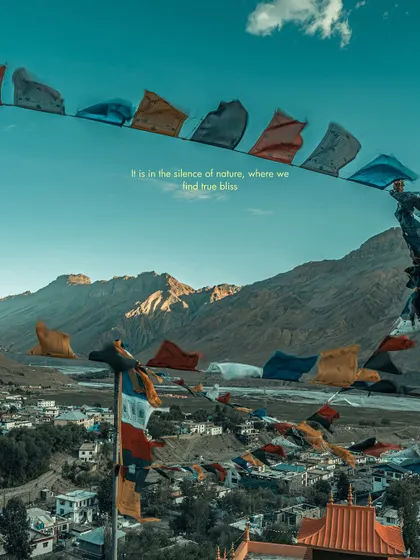 Tibetan prayer flags overlooking the village of Tabo in Spiti Valley. There is a deep sense of peace and spirituality in the silence of these mountains.