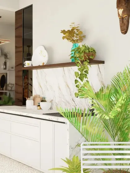 Instead of bulky overhead cabinets, we opted for a sleek ledge on this kitchen island. It provides versatile storage for everything from decor to plants, while the thick wood veneer and integrated LED lighting add a touch of warmth and sophistication.