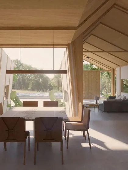 A duplicate render of the open-plan living and dining space in the Cumin Residence.
