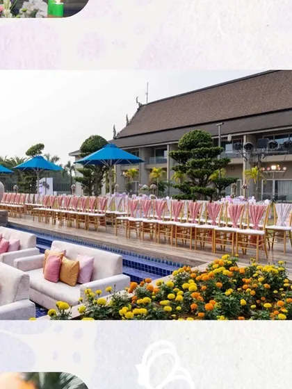 A view of the poolside seating arrangement we created for a destination wedding. We combine lounge sofas and traditional seating to create a comfortable and chic atmosphere.