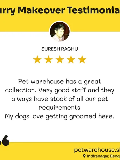 "My dogs love getting groomed here." This review from Suresh Raghu at our Indiranagar store highlights our great collection and consistently stocked pet requirements.