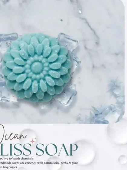 A close up of the Ocean Bliss bar. I enrich my handmade soaps with natural oils, herbs, and pure essential fragrances to give you a spa-like experience at home.