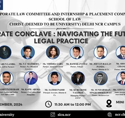 This event banner announces our Partner, MATHEWS V.C., as a speaker at the Corporate Conclave at Christ University. He addressed the legal and regulatory challenges in IPR litigation, a key area of our practice.