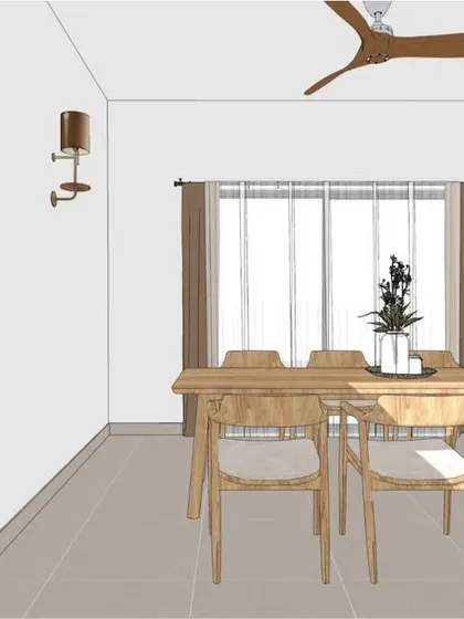 A render of the dining area and the adjacent powder room. We plan every single space, ensuring a cohesive design language flows through the entire home.