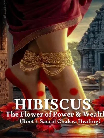 This image of feet near a temple with hibiscus flowers symbolizes the hibiscus as the flower of power and wealth, used for Root and Sacral Chakra healing.