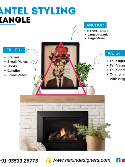 Here is how we apply the triangle principle to mantel styling. We use a large anchor piece as the focal point, then balance it with smaller filler items and objects of varying height to create a visually pleasing arrangement.