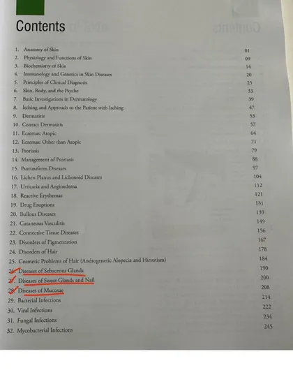 The table of contents from the textbook, highlighting the chapters I contributed to, including "Diseases of Sebaceous Glands" and "Diseases of Sweat Glands and Nail."