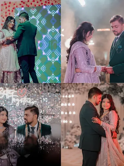 This collage showcases the couple's interactions during their Sangeet. From dancing on stage to sharing a look in front of a glittering backdrop, it’s filled with love and happiness.