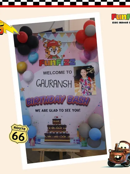 Every party gets a personalized welcome. For this Cars-themed birthday bash, I created a custom welcome sign featuring the birthday boy's photo to make him feel extra special.